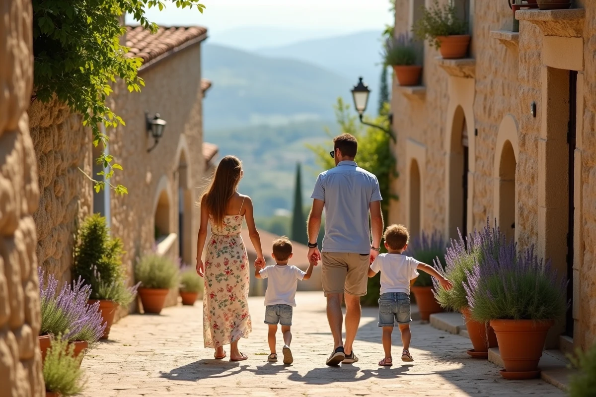 Famille avec enfants se promenant dans les ruelles en pierre du village perché de Gordes en Provence