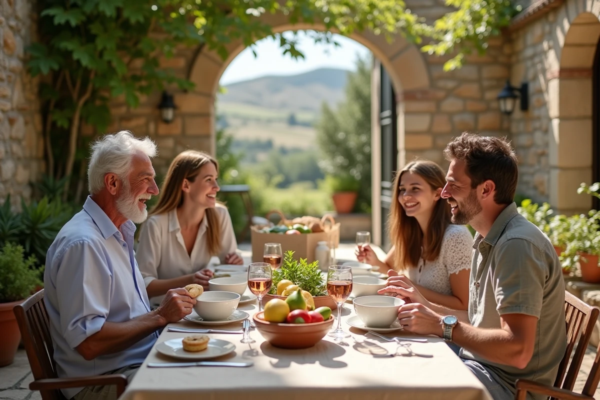 Famille multigénérationnelle partageant un repas économique dans une maison de campagne louée à l'étranger