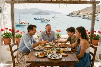 Famille attablée en terrasse d'une taverne grecque à Limeni avec vue sur la baie turquoise et des plats traditionnels