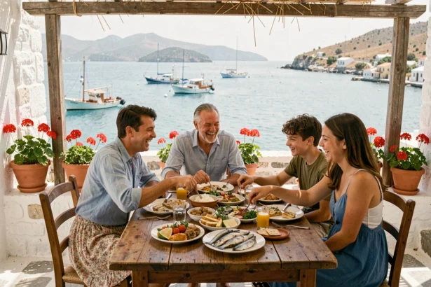Famille attablée en terrasse d'une taverne grecque à Limeni avec vue sur la baie turquoise et des plats traditionnels