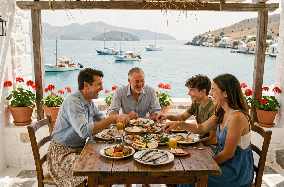 Famille attablée en terrasse d'une taverne grecque à Limeni avec vue sur la baie turquoise et des plats traditionnels