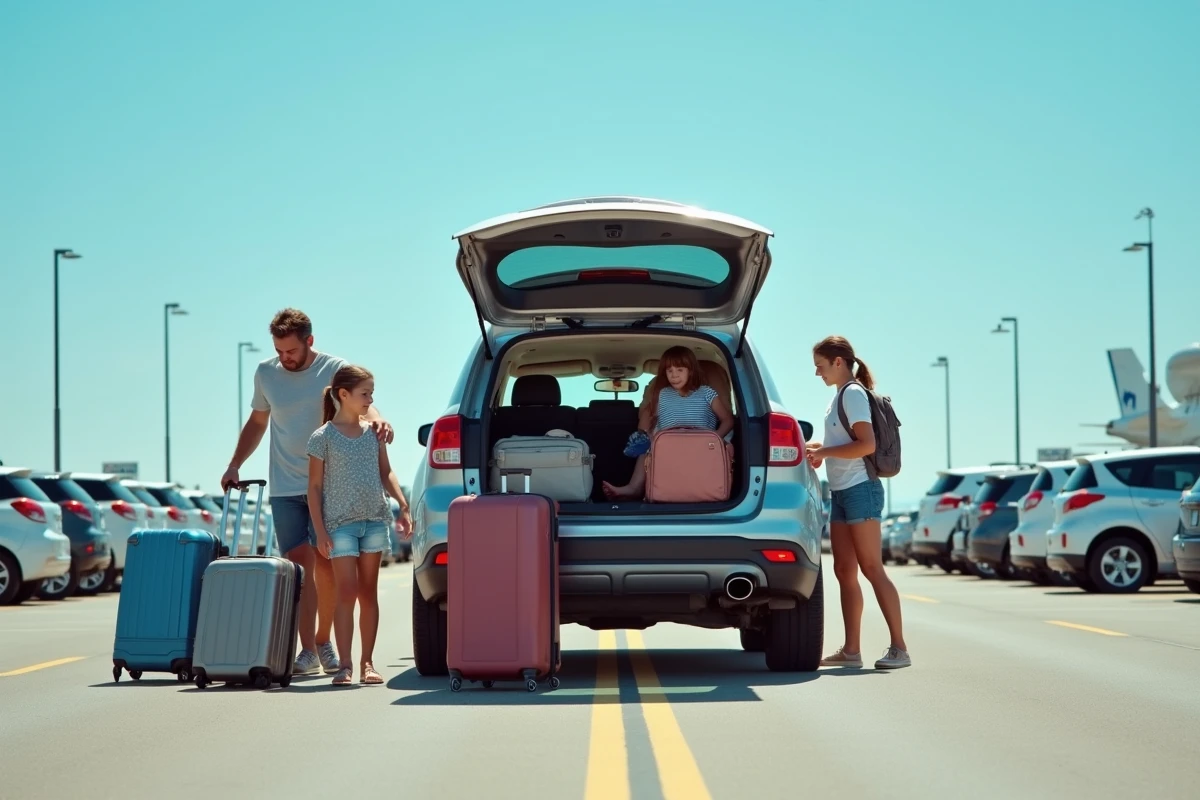 Famille en vacances déchargeant leurs bagages dans le parking extérieur de l'aéroport de Toulouse
