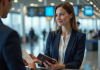 Femme en blazer navy à l'aéroport avec passeport