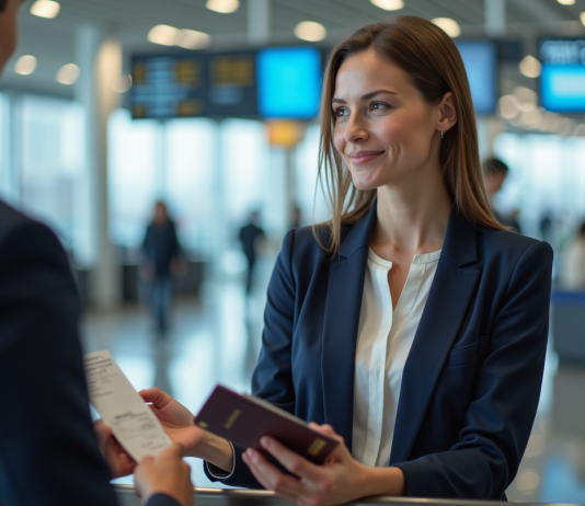 Changer son nom à l’aéroport : démarches et astuces à connaître pour modifier son nom sur un billet Femme en blazer navy à l'aéroport avec passeport