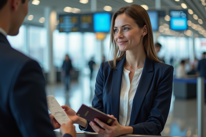 Femme en blazer navy à l'aéroport avec passeport