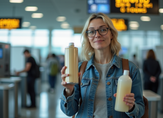 Articles interdits en cabine : découvrez les deux produits à bannir de vos bagages ! Femme surprise à la sécurité de l'aéroport avec aérosol interdit