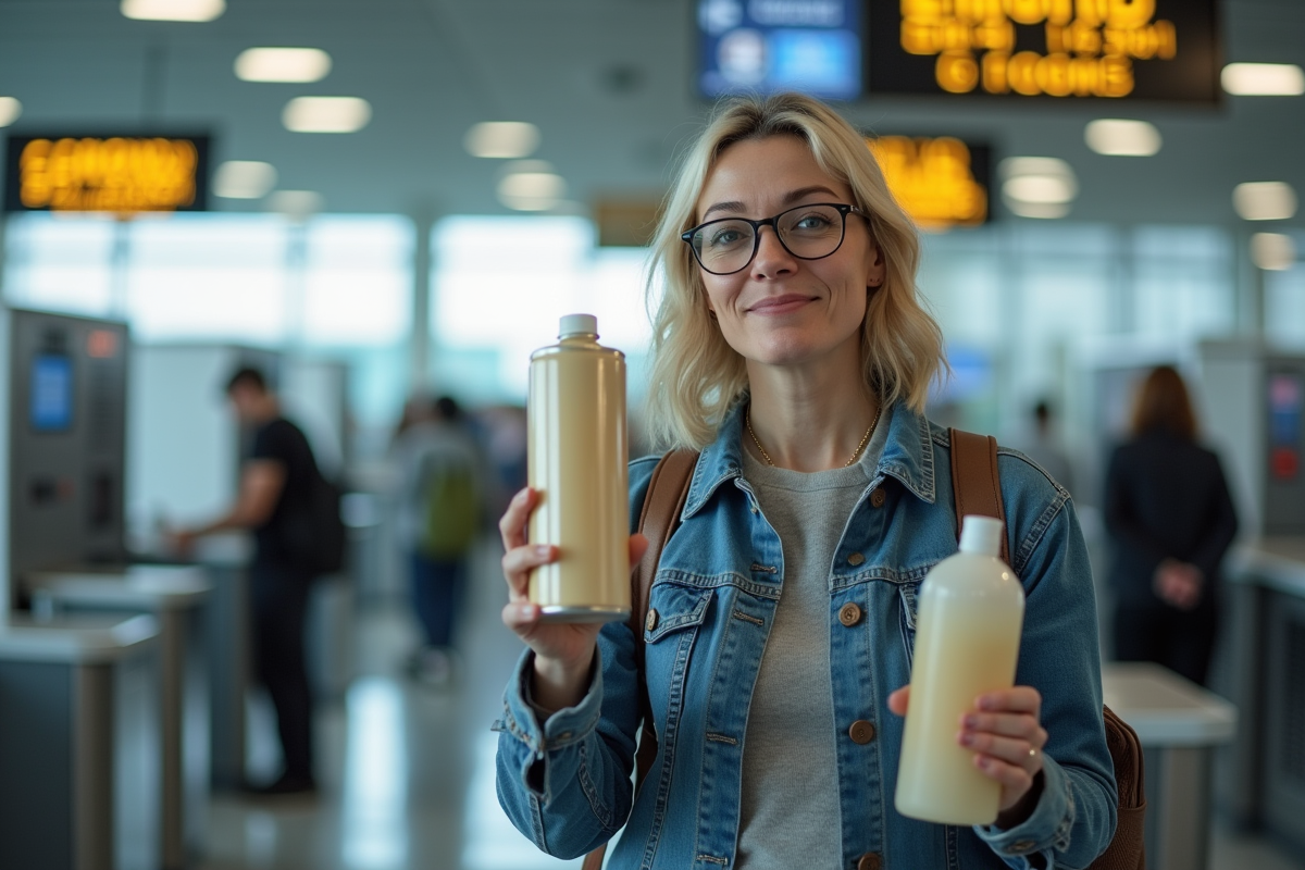 Femme surprise à la sécurité de l'aéroport avec aérosol interdit