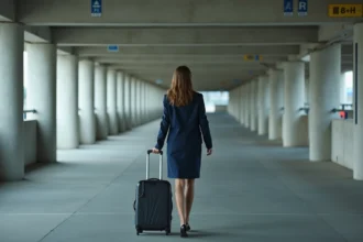 Femme d'affaires avec valise dans le parking P5 de l'aéroport de Toulouse-Blagnac