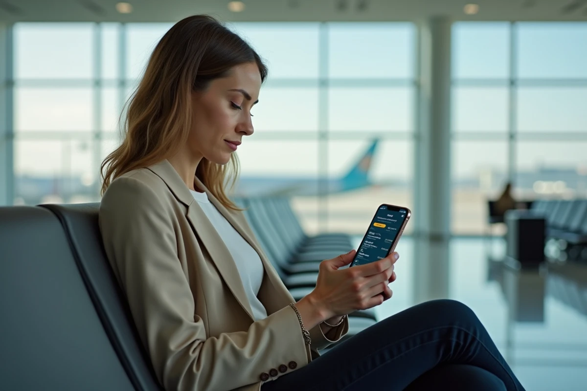 Femme utilisant l'application mobile Transavia pour réserver un vol depuis le salon d'un aéroport moderne