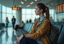 Se préparer au décalage horaire à Bali : guide pratique pour les voyageurs Jeune femme en attente à l'aéroport regardant le tableau de départs