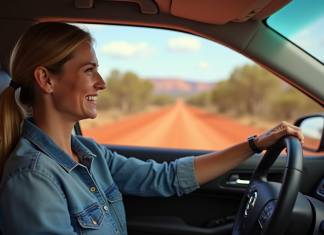 Conduire en Australie : conseils et astuces pour une experience reussie Femme souriante au volant d'une voiture en Australie