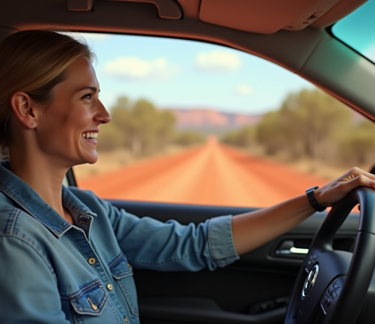 Femme souriante au volant d'une voiture en Australie