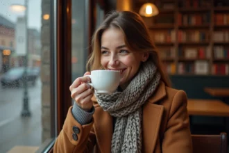 Jeune femme souriante buvant un café à Bergen