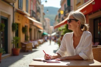 Femme détendue dans un café méditerranéen en plein air