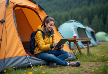 Trouver un camping idéal: comparatif des meilleurs sites de réservation Femme souriante dans un campement nature avec tente et tablette