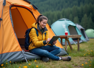 Trouver un camping idéal: comparatif des meilleurs sites de réservation Femme souriante dans un campement nature avec tente et tablette