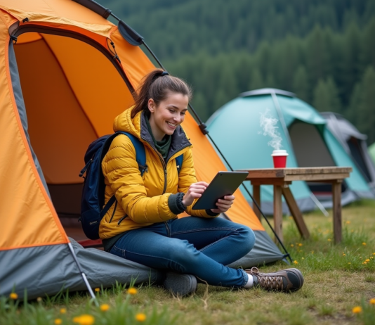 Trouver un camping idéal: comparatif des meilleurs sites de réservation Femme souriante dans un campement nature avec tente et tablette