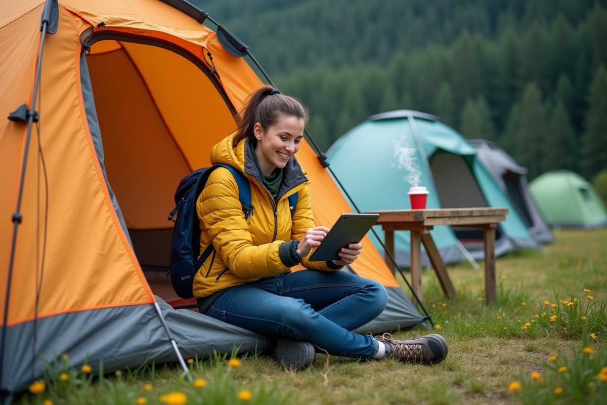 Femme souriante dans un campement nature avec tente et tablette