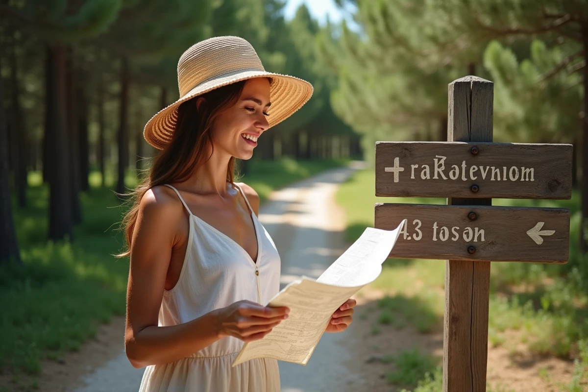 Femme consultant une carte devant un panneau indicateur dans la forêt de l'île de Mljet en Croatie