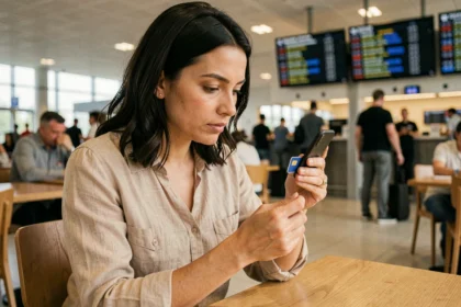 Femme tenant une carte SIM Saily à l'aéroport avant un long séjour à l'étranger