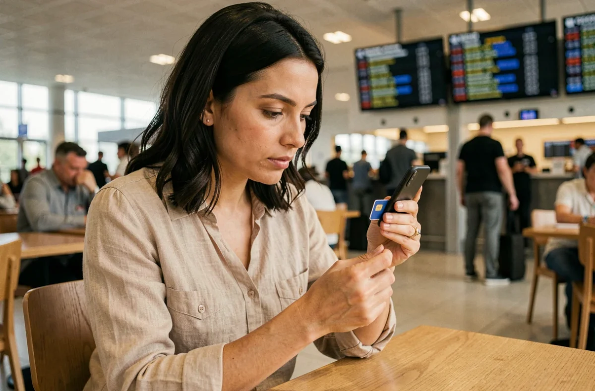 Femme tenant une carte SIM Saily à l'aéroport avant un long séjour à l'étranger