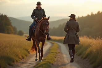 Femme à cheval dans la campagne paisible