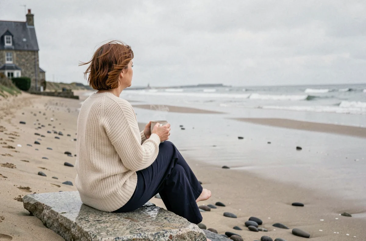 Femme seule sur un rocher de granit breton tenant une tasse de thé face à la mer sur une plage déserte