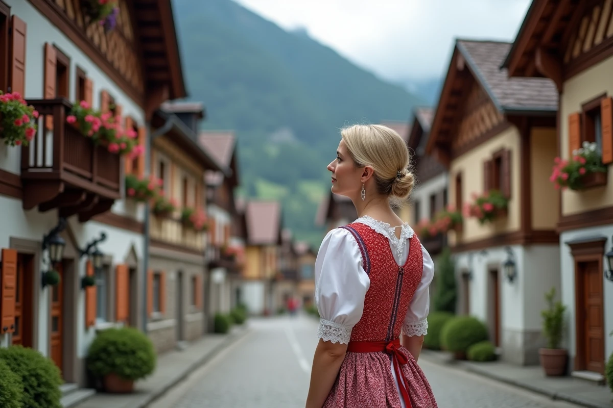 Femme en dirndl bavarois devant maisons colorées