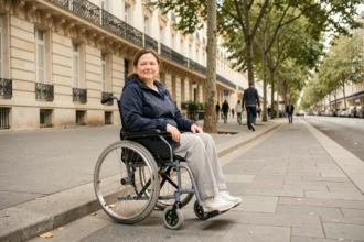 Femme en fauteuil roulant empruntant un trottoir accessible à Paris avec bateau de trottoir aménagé