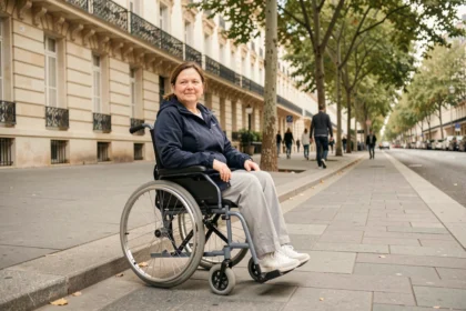 Femme en fauteuil roulant empruntant un trottoir accessible à Paris avec bateau de trottoir aménagé