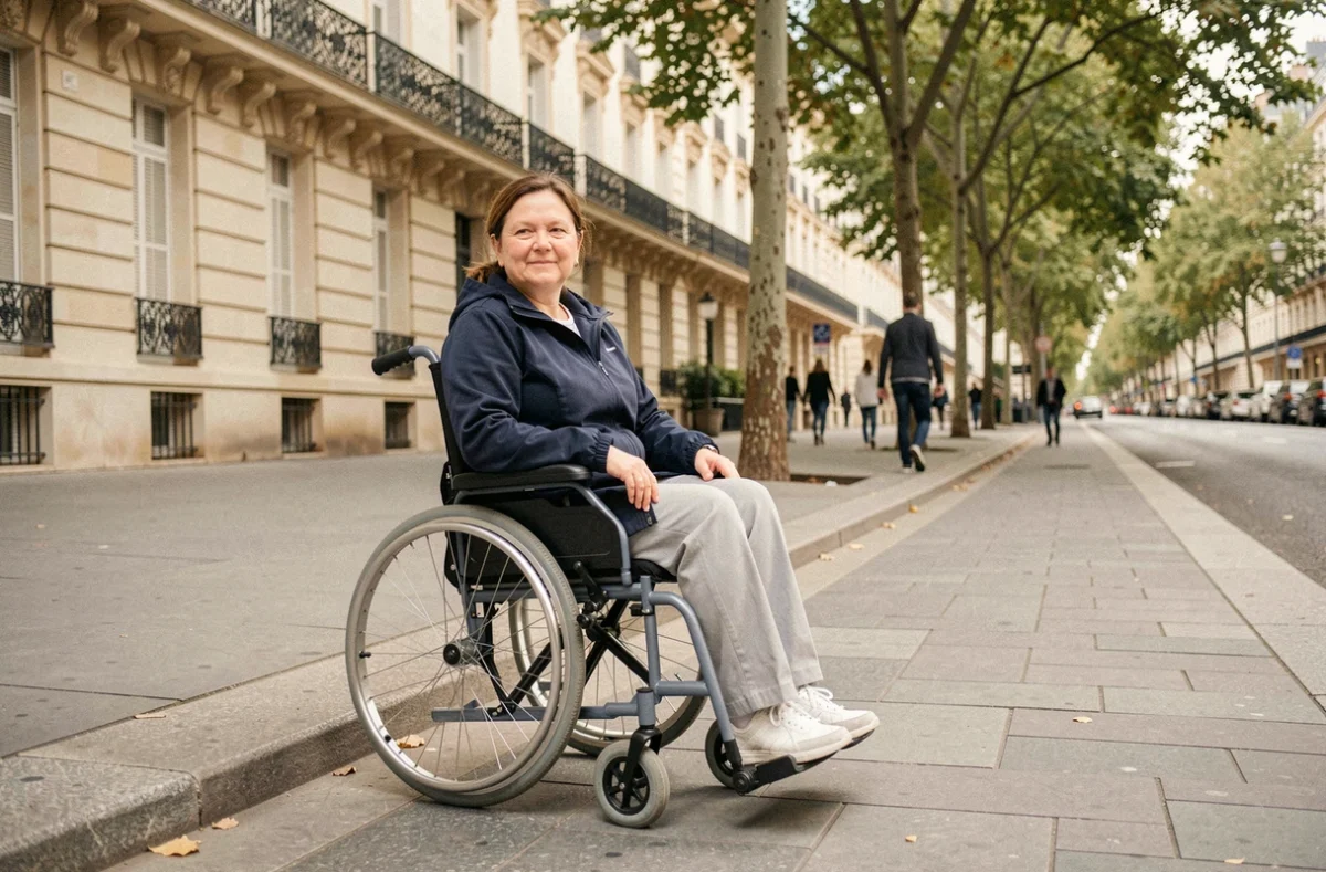 Femme en fauteuil roulant empruntant un trottoir accessible à Paris avec bateau de trottoir aménagé