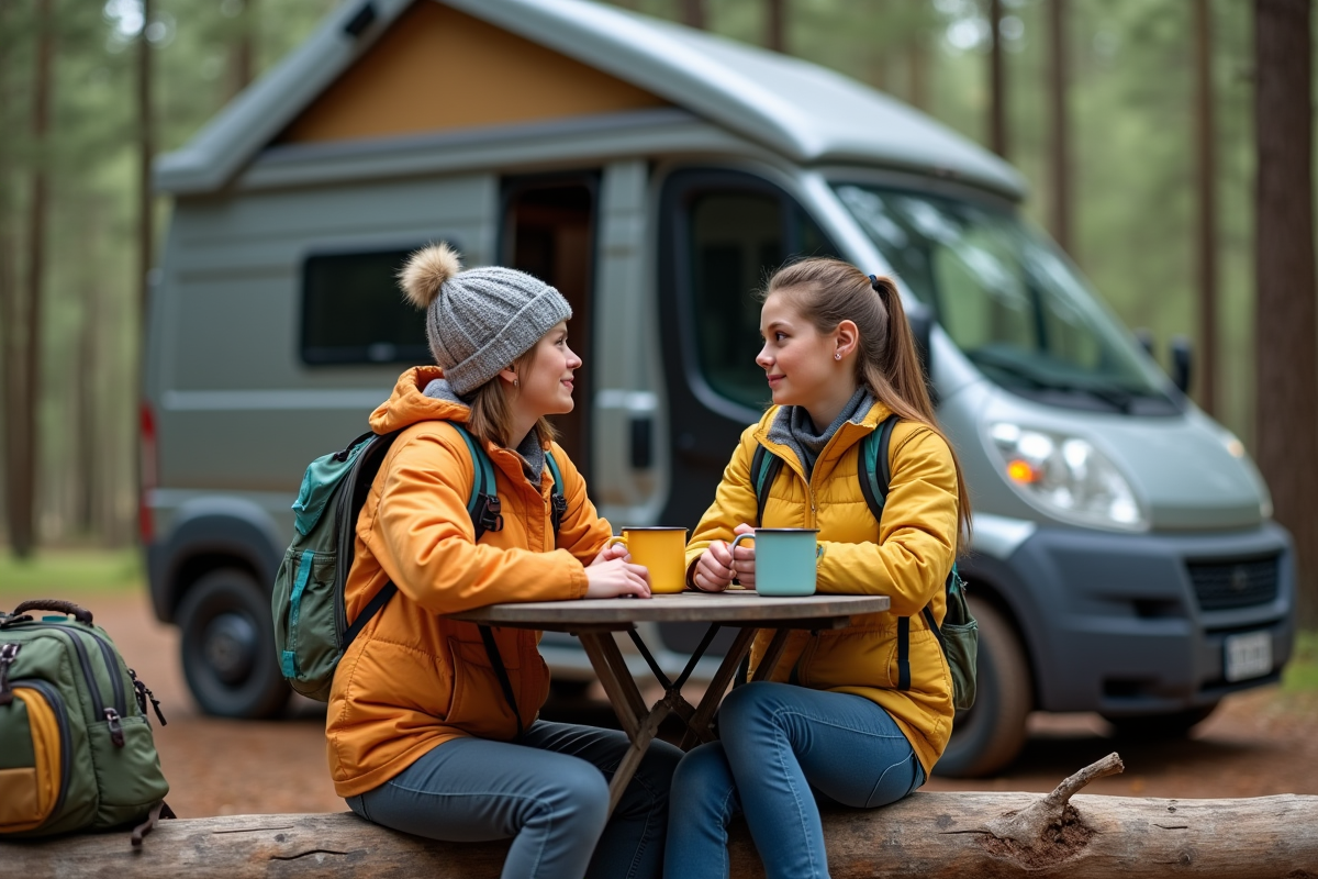 Mère et fille buvant dehors près d un van de camping