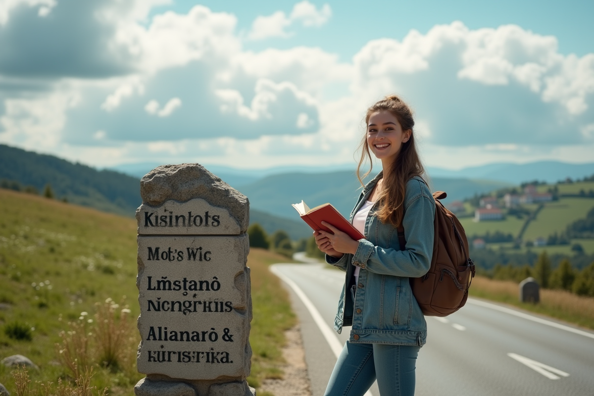 Jeune femme souriante avec guide sur la route touristique