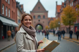 Femme souriante devant la porte Holstentor à Lübeck