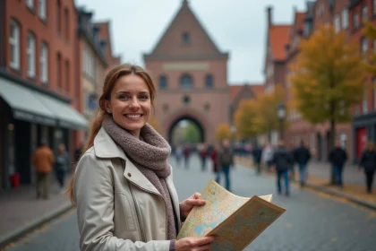 Femme souriante devant la porte Holstentor à Lübeck