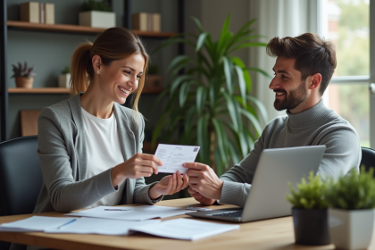 Femme d'affaires remettant un billet d'avion à un jeune homme dans un bureau