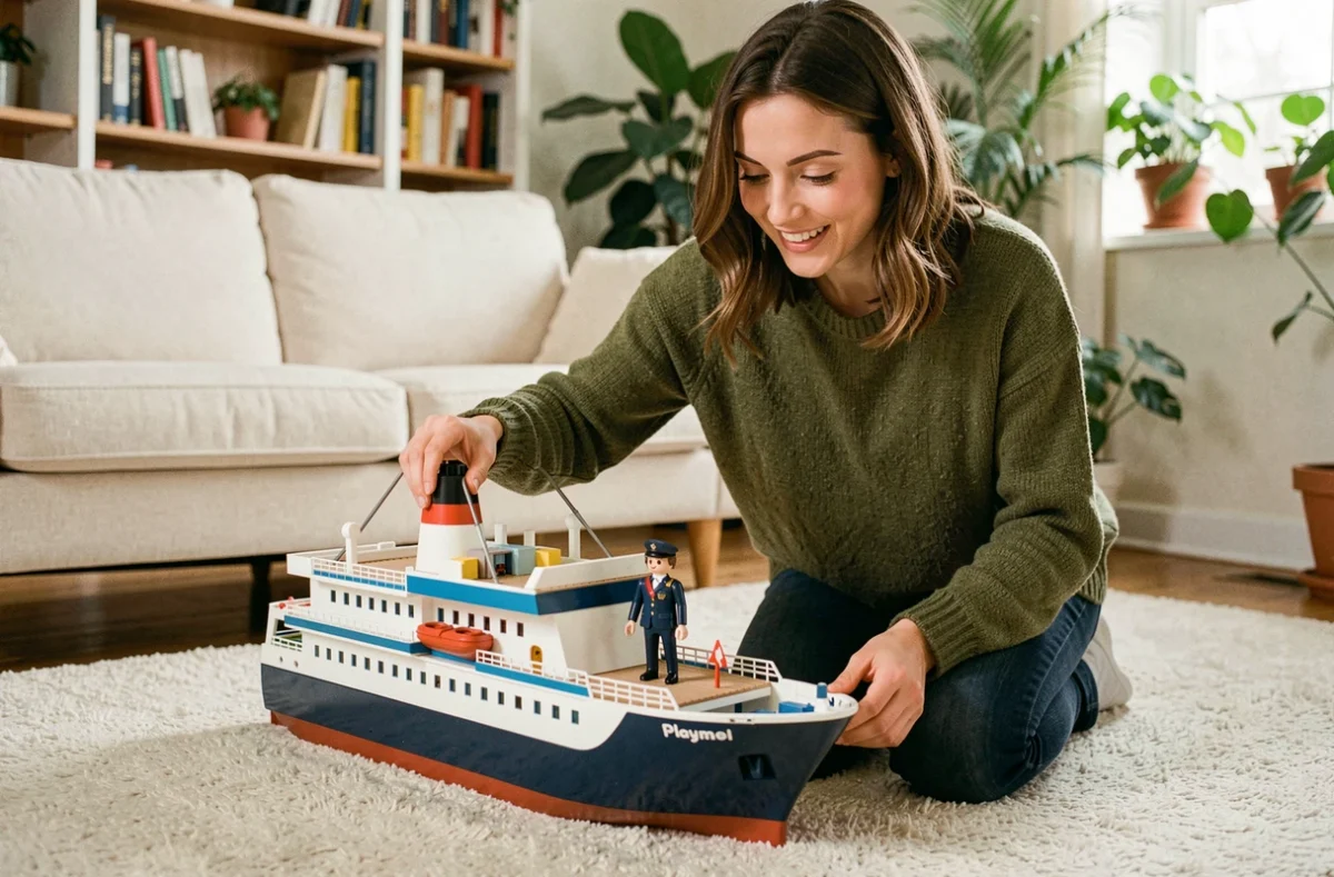 Femme adulte qui installe des figurines sur un bateau de croisière Playmobil dans un salon familial