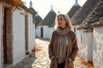 Femme italienne en cardigan dans Alberobello automne