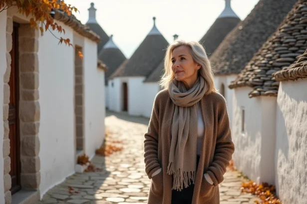 Femme italienne en cardigan dans Alberobello automne