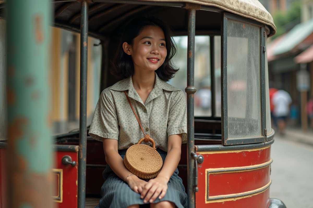 Jeune femme filipino dans le sidecar d un tricycle ancien