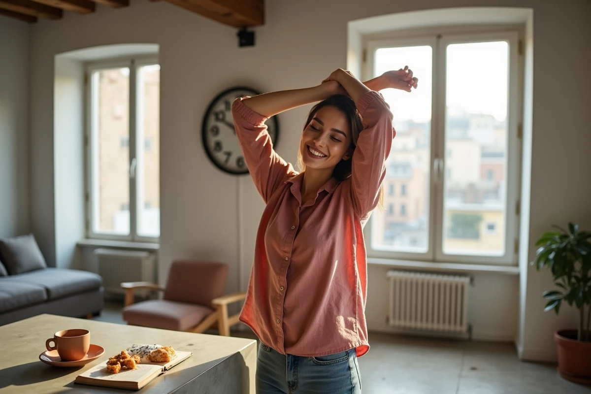 Femme s'étirant le matin dans son appartement avec une horloge murale indiquant les fuseaux horaires de Paris et de La Réunion