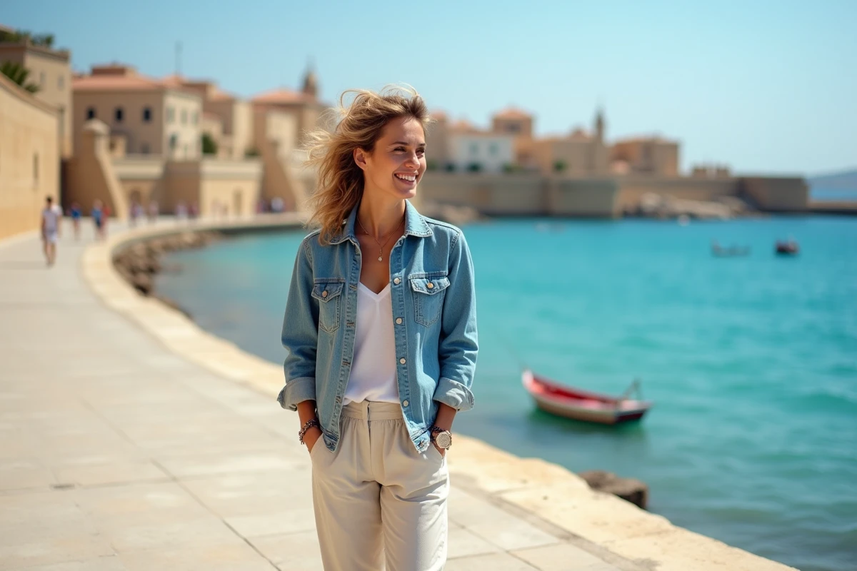 Femme en denim et lin sur la promenade à Malte
