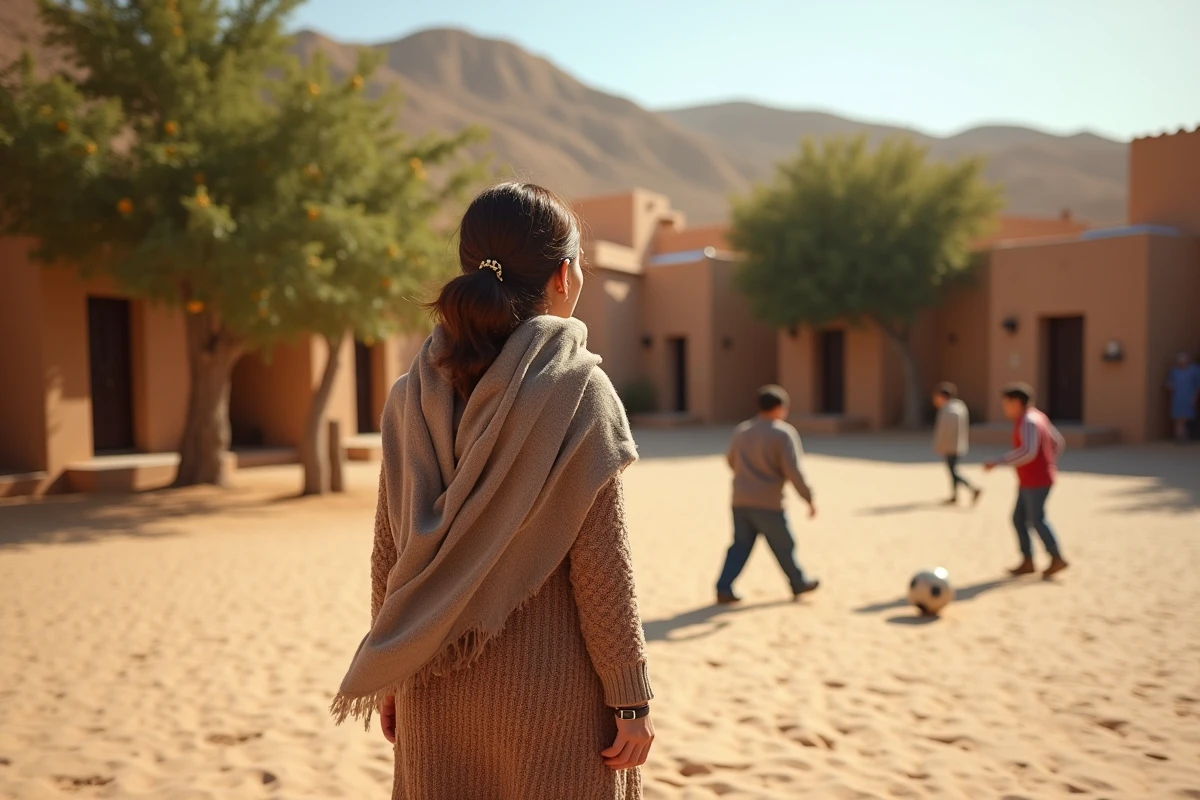 Jeune femme marocaine regardant jouer des enfants dans la place