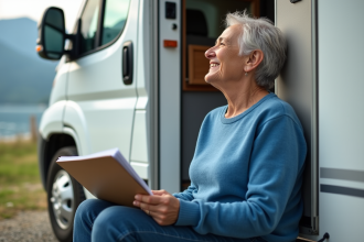 Femme souriante assise devant son motorhome avec documents