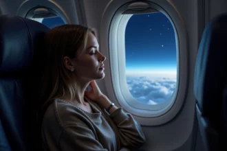 Jeune femme regardant par la fenetre d'avion la nuit étoilée