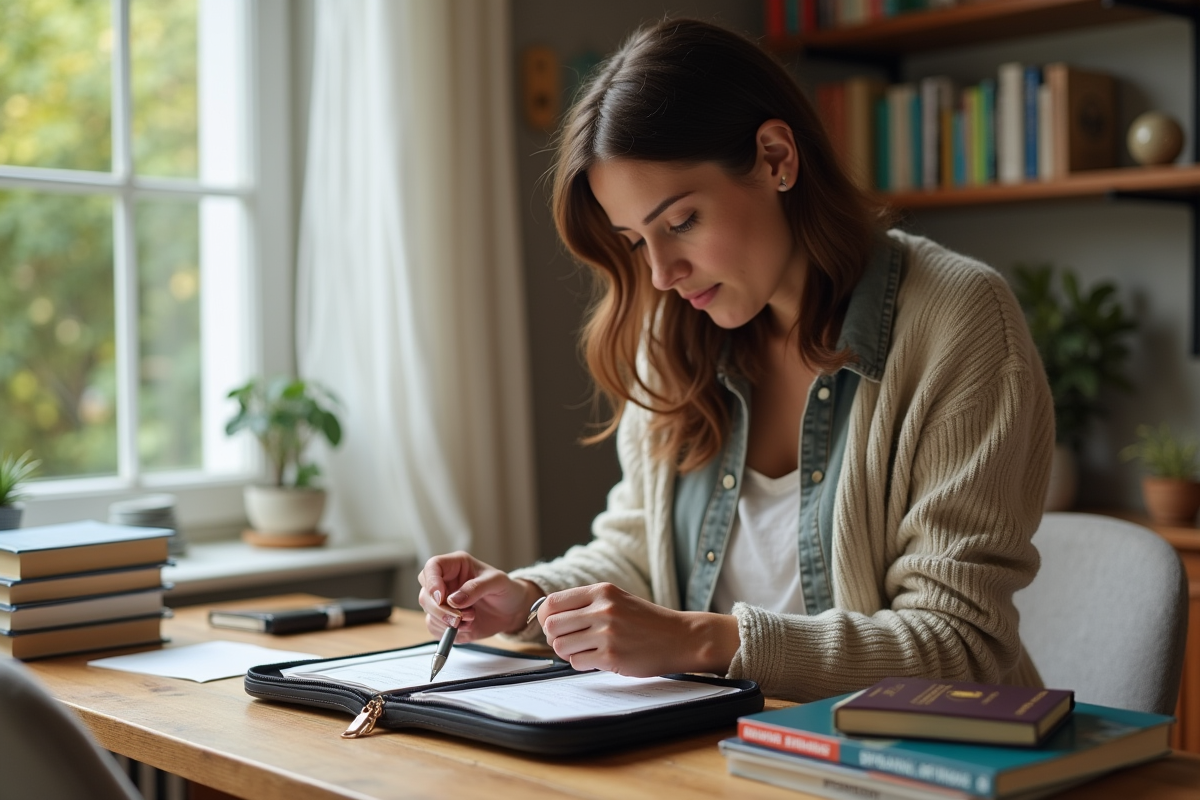 Femme triant passeports et billets sur une table de cuisine