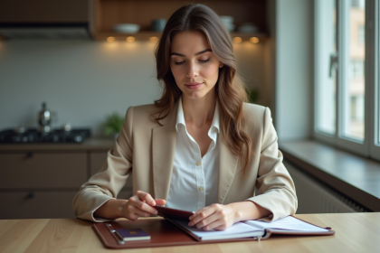 Jeune femme organise ses papiers de voyage dans la cuisine