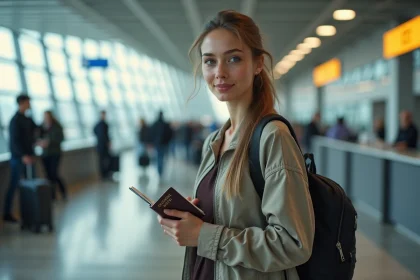 Jeune femme à la douane avec passeport et documents