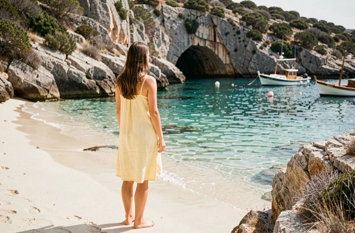 Femme en robe de lin sur une plage de sable fin avec eau turquoise et falaises calcaires dans une île grecque