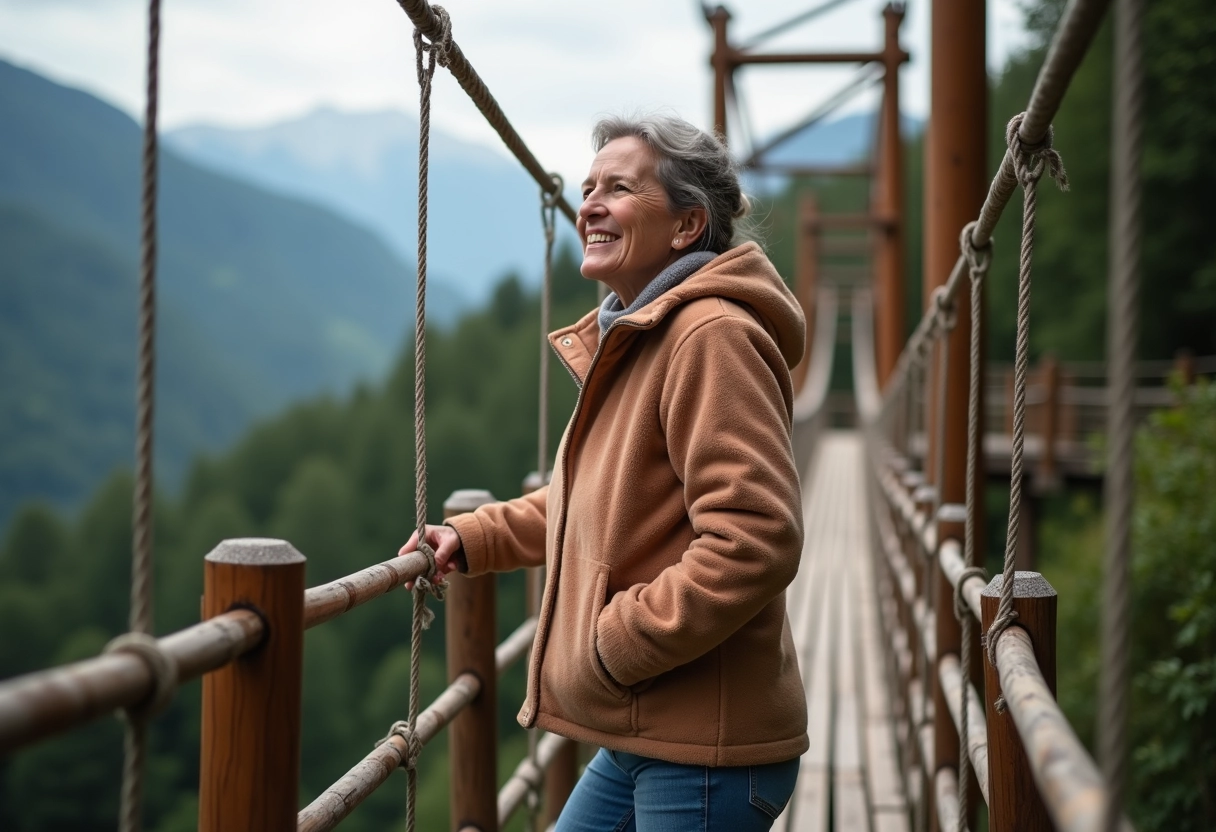 Femme sur pont suspendu dans le parc d